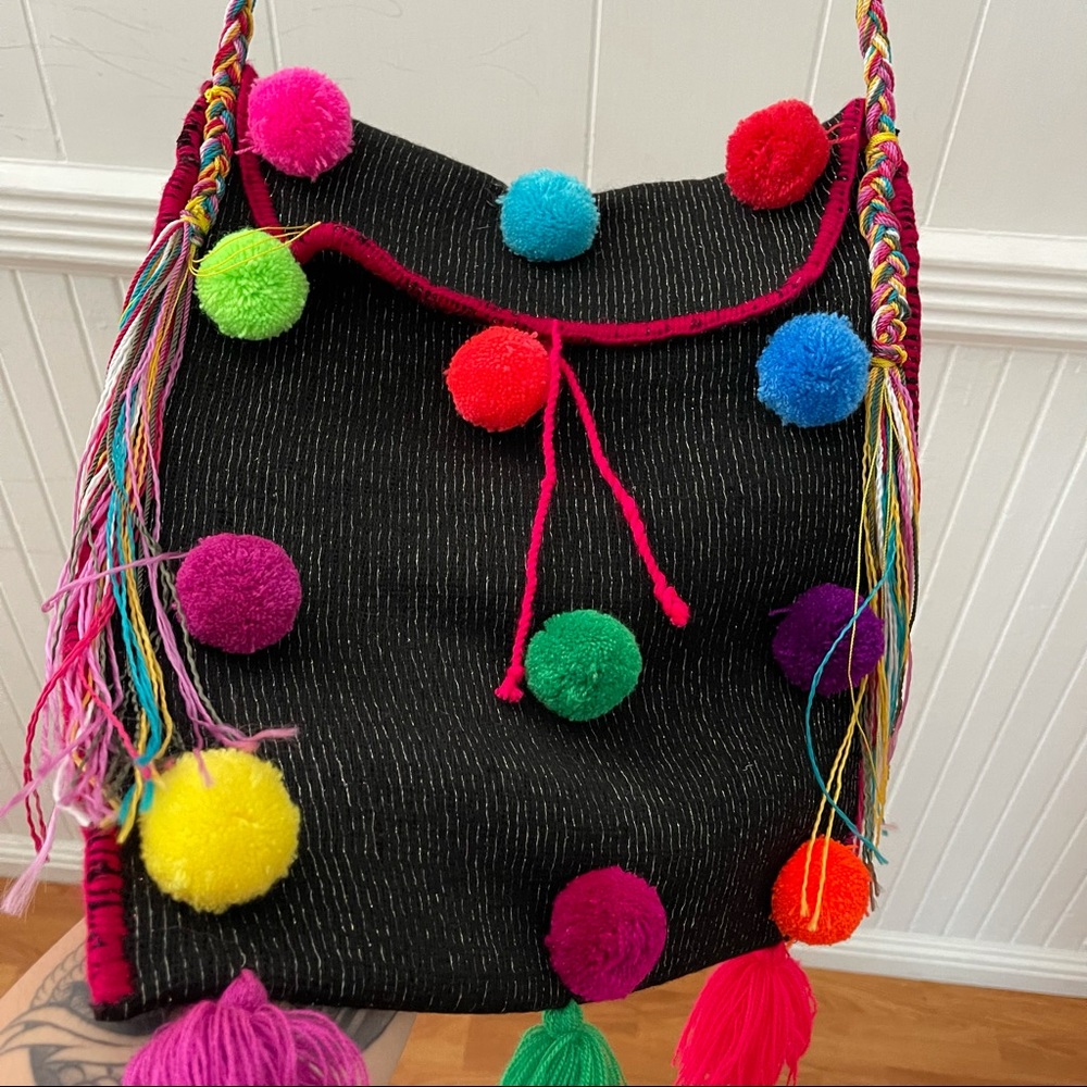 Handmade Mexican Pom Pom Crossbody Bag - Picture 3 of 11